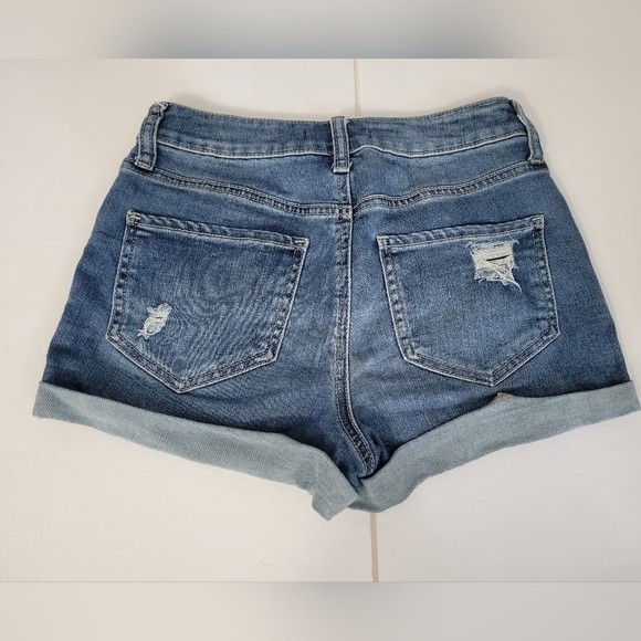 SO Brand Medium Blue Wash Distressed High Rise Shortie Denim Jean Shorts - Picture 2 of 6